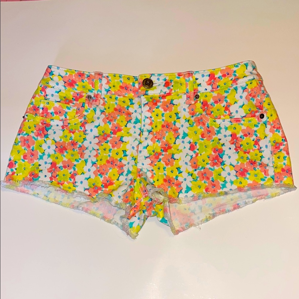 Victoria's Secret Yellow and Pink Jean Shorts Vibrant Floral Design